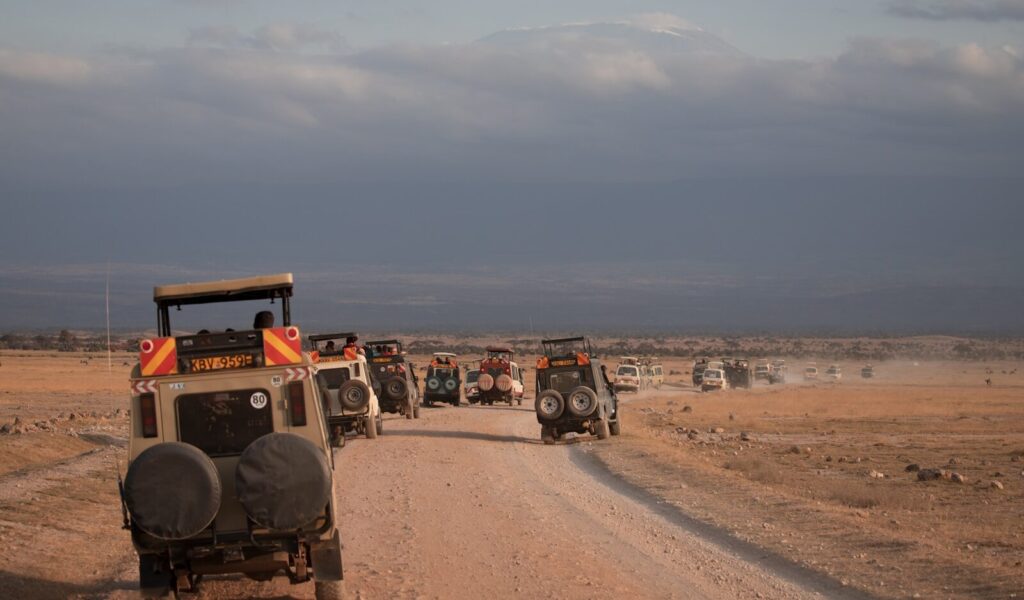 a group of jeeps driving down a dirt road